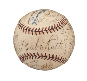 Worlds Finest 1932 New York Yankees World Champions Team Signed Baseball with 22 Signatures Including Ruth and Gehrig!  